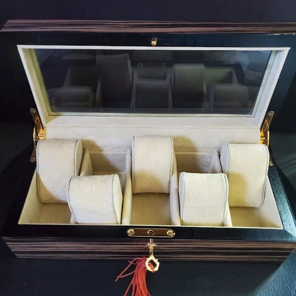 Zebrawood 5 Slot Watch Display Case Glass Top with Tassel Key Lock Organizer
